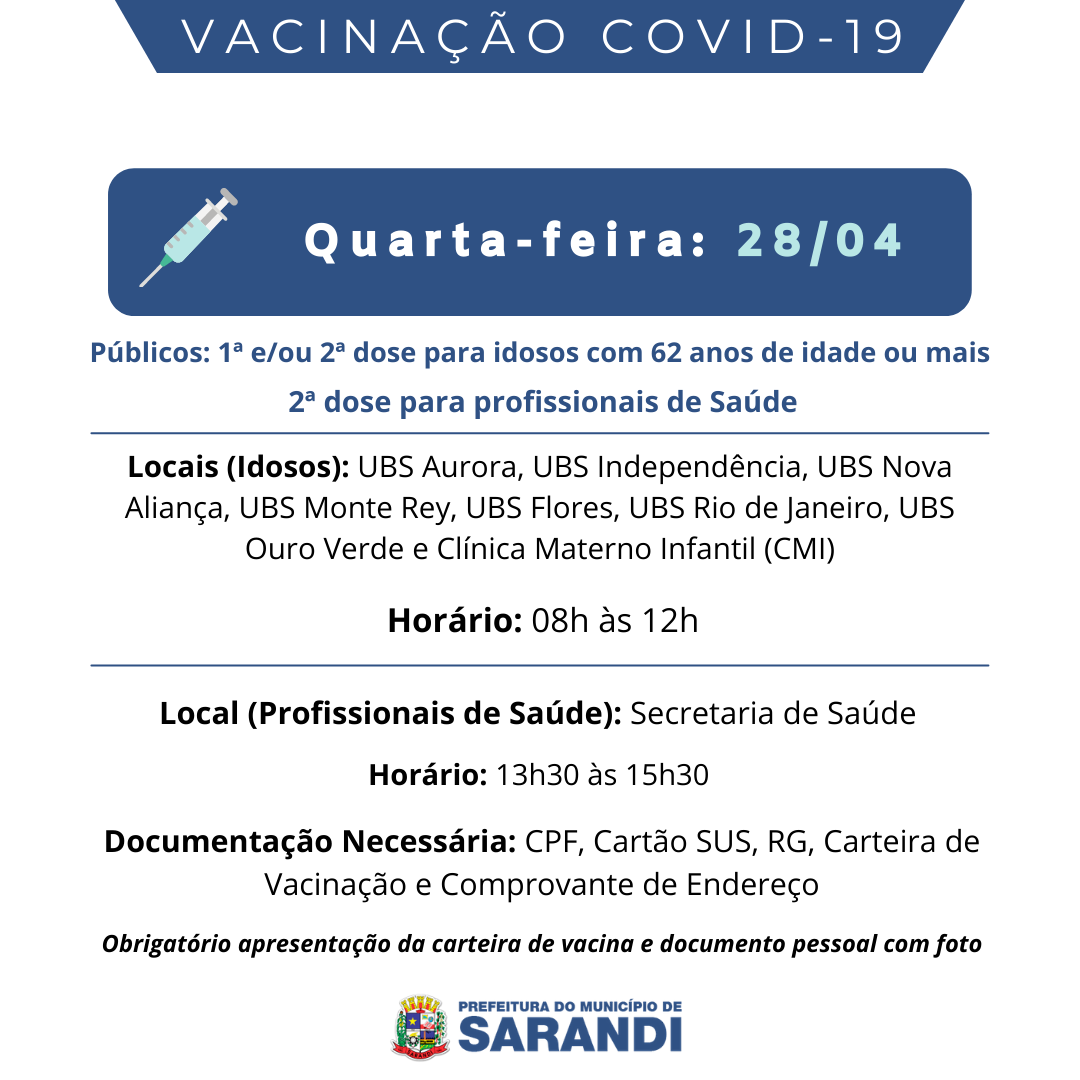 Cronograma de Vacinação contra Covid-19 - Quarta-feira - 28/04/2021